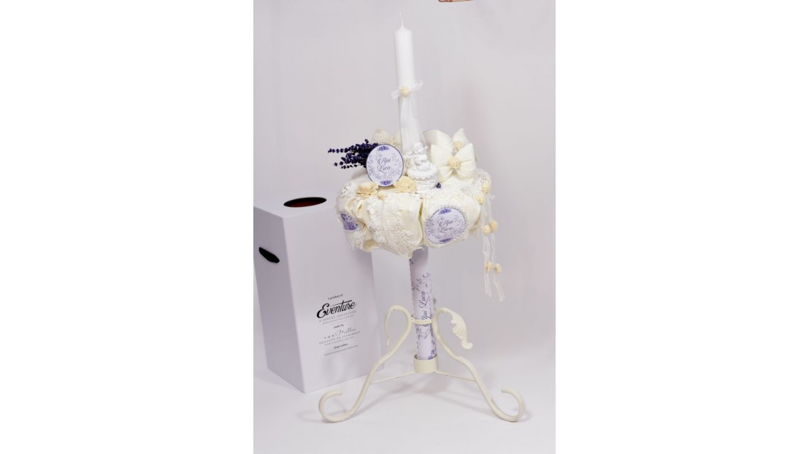 Lumanare de botez pentru baieti cu lavanda si dantela alba, 65x4cm, Cosmic Blue 2